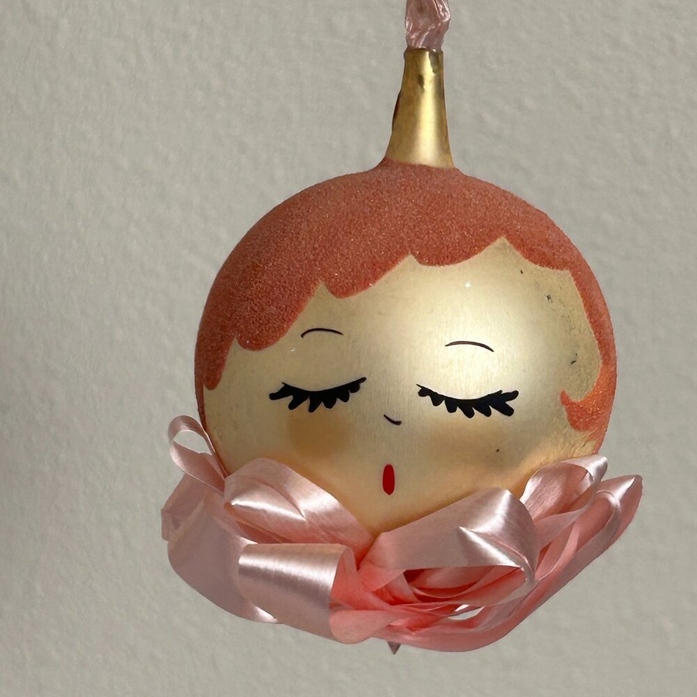 Christmas Ornament Glass Made Italy Mica Finish Hanging Ribbon Singing Face VTG